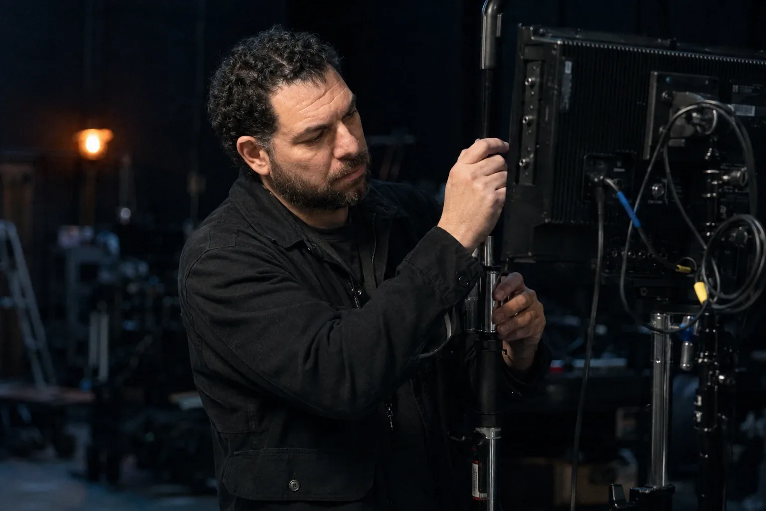 Dave Mercuri adjusting a monitor on a darkened stage